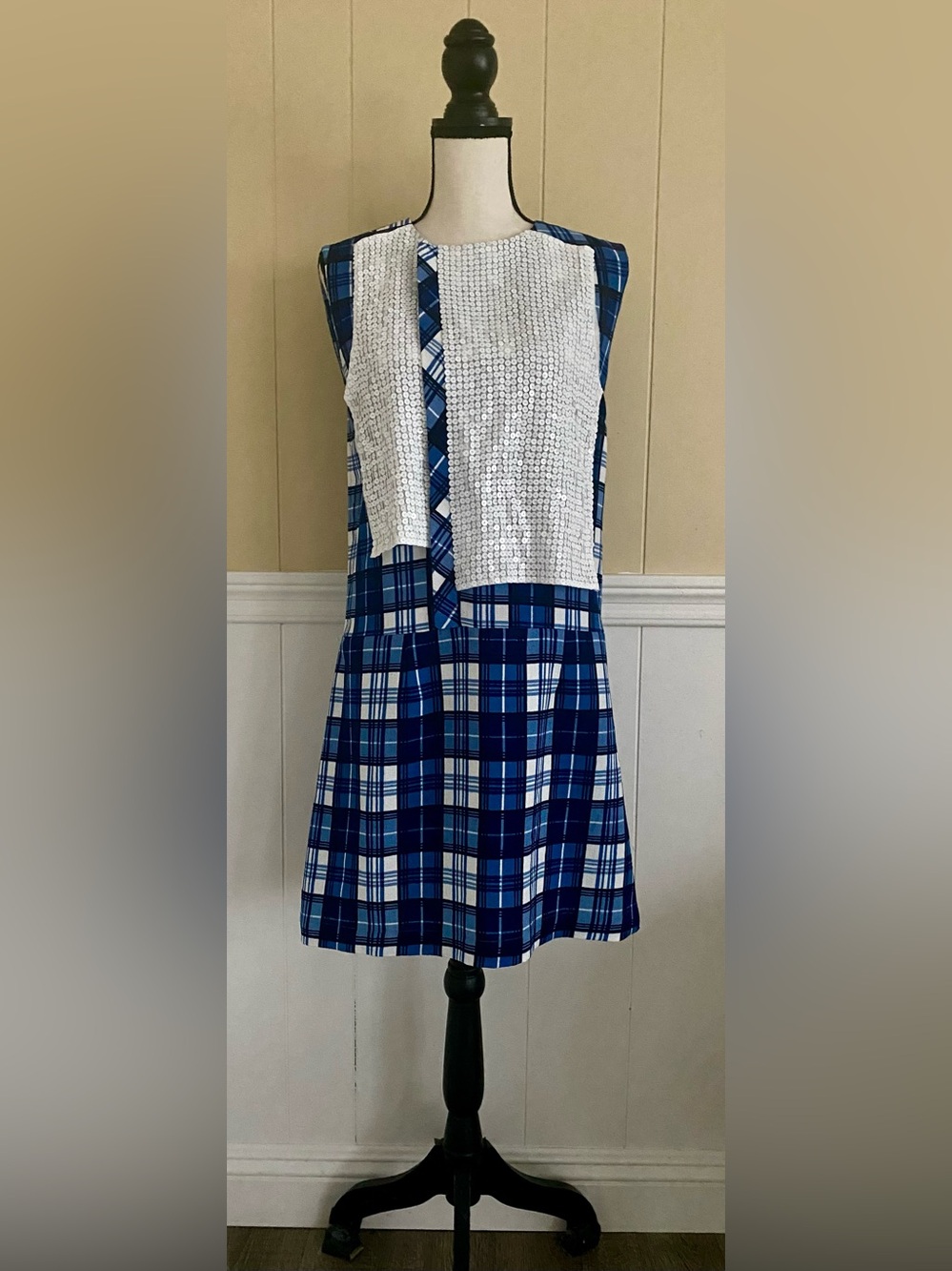 Marc Jacobs Blue Plaid Mini Dress with White Sequin Panel